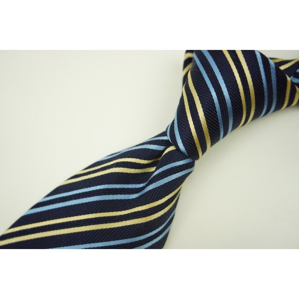Brioni Pale Yellow Baby Blue Navy Blue Striped Cotton Silk Blend Tie